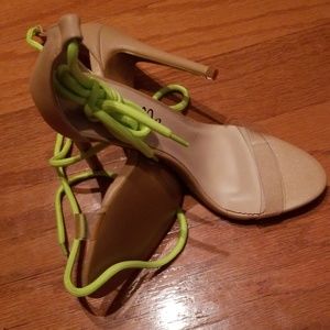 Clear band and neon lace up heels